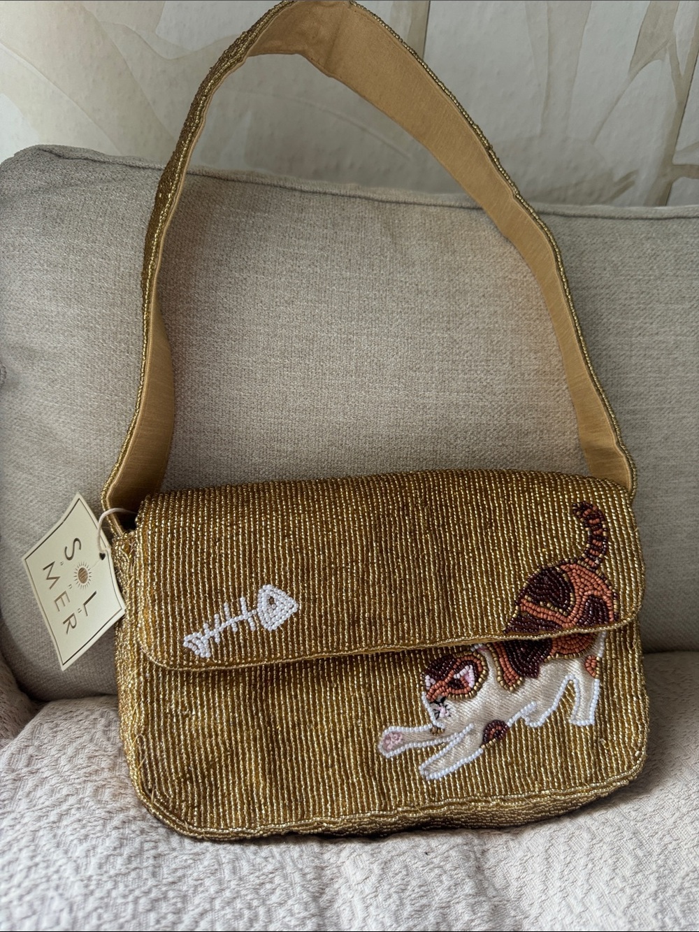 NWT viral Sol and Mer Gold Beaded Cat Shoulder Bag